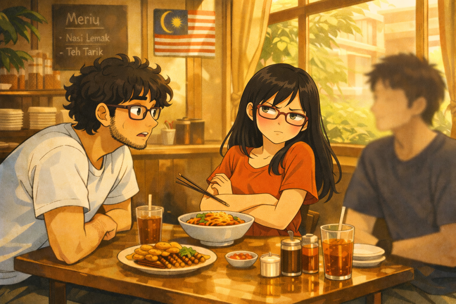 A small Malaysian bistro — a young curly-haired man trying to catch the eye of a girl across from him. Warm afternoon light, Ghibli style.